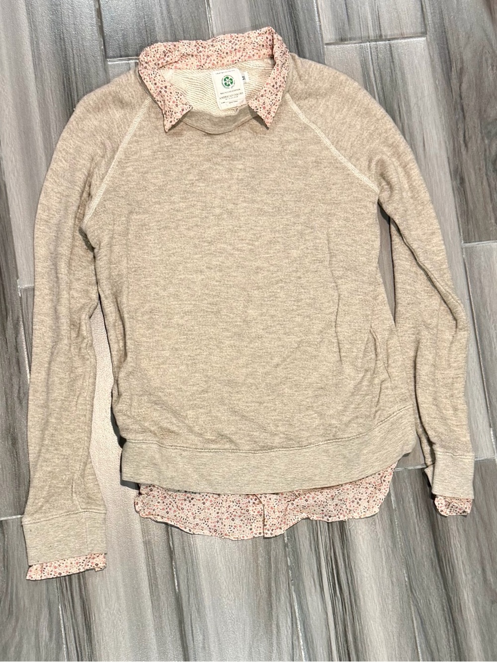 American Colors Beige Layered-Look Crew Sweater with Floral Trim